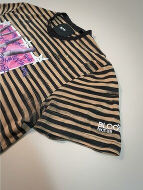 Men’s Blood Brother Black & Tan Striped Tee with Pink Graphic